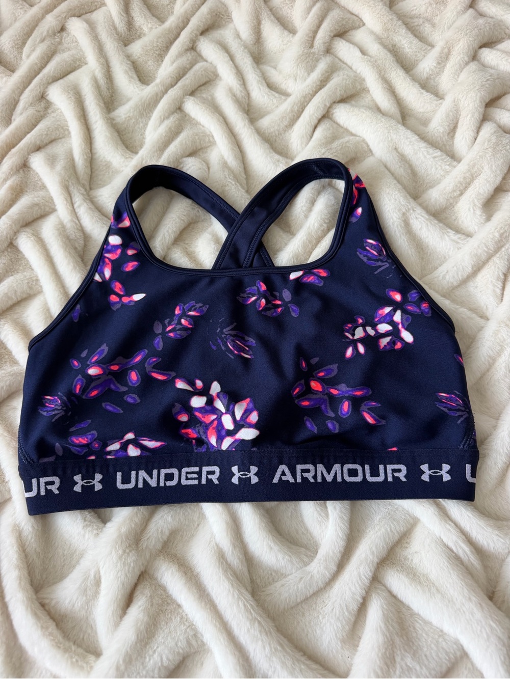 Under Armour Navy Floral Crossback Sports Bra with Pink & Purple Accents